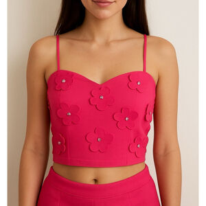 New Pink Floral Crop Top with Rhinestones